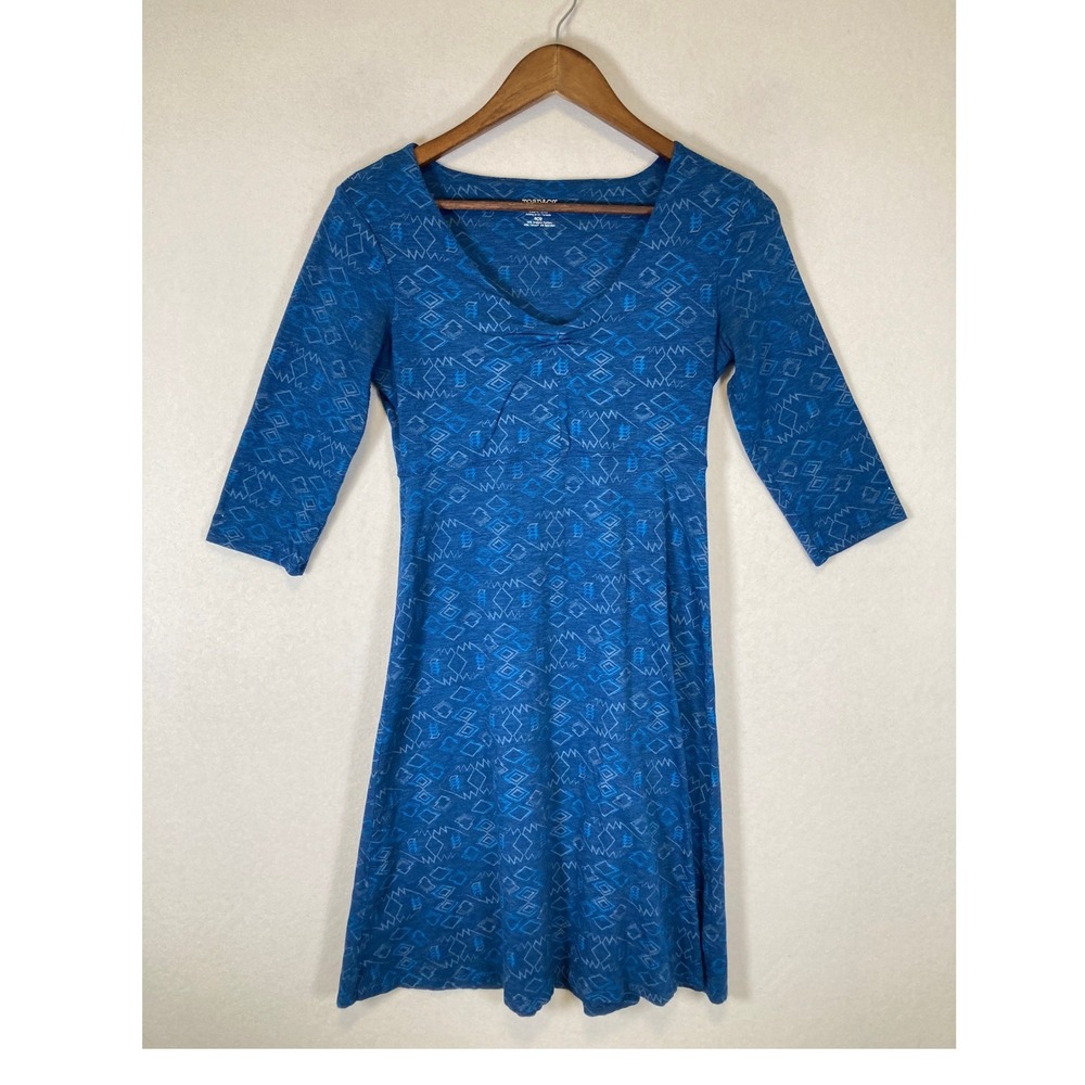 Toad&Co Women XS Blue Geometric Organic Cotton Tencel 3/4 Sleeve Dress‎